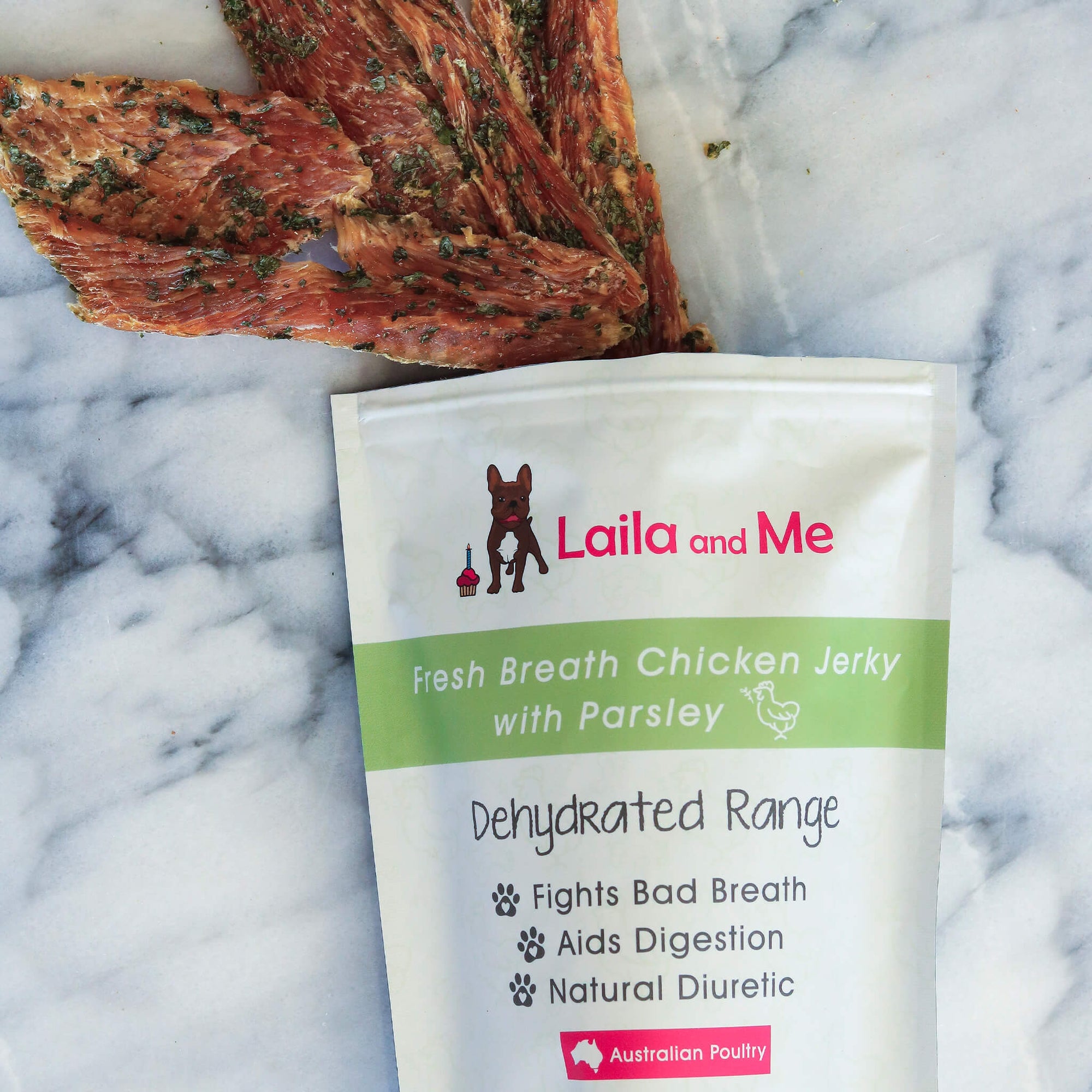 Australian chicken jerky with parsley - Laila and Me