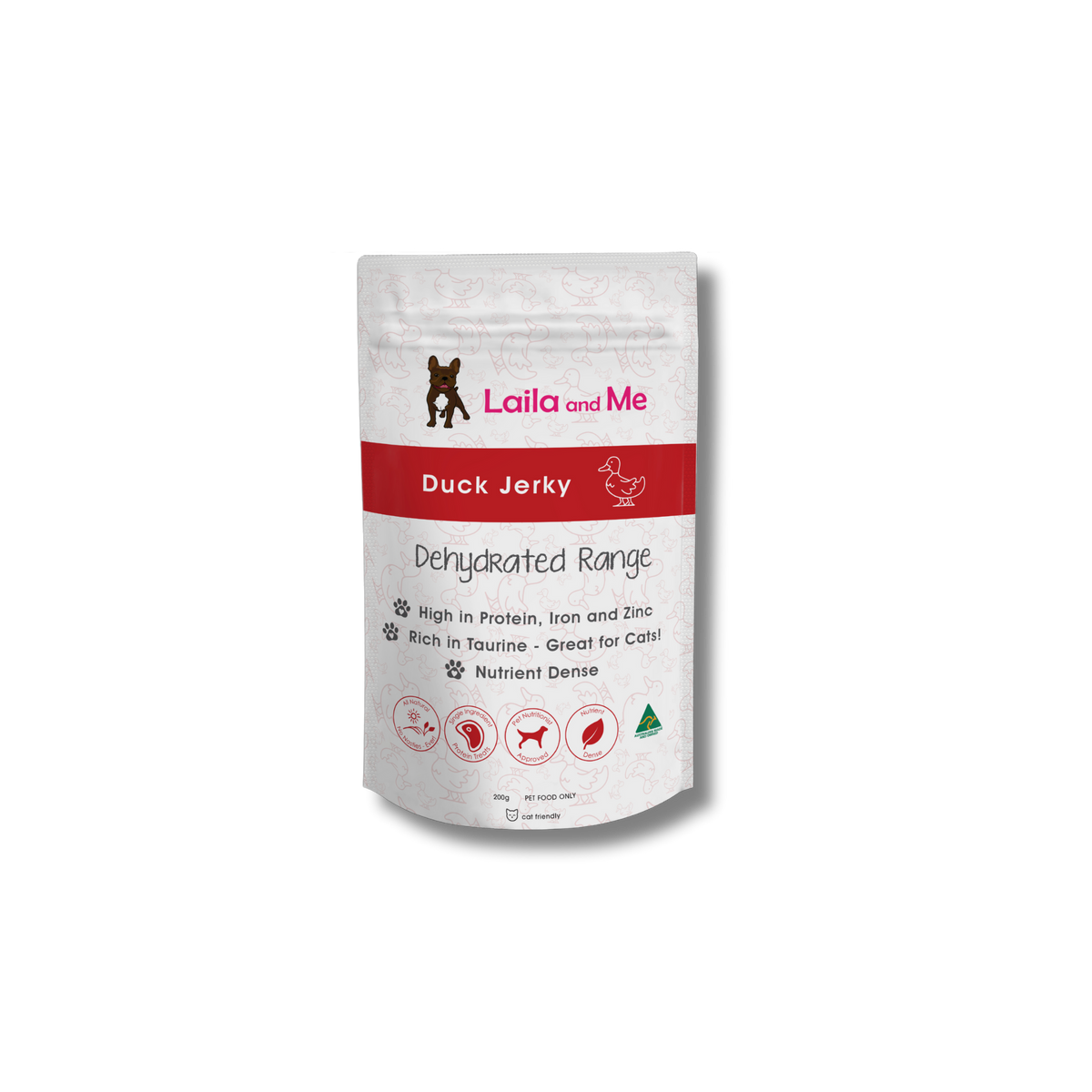 Duck Jerky for Dogs - Laila and Me. Dog Treats in Australia are created by Laila and Me and this product is Duck Jerky, a high protein and high iron and zinc dog treat. 