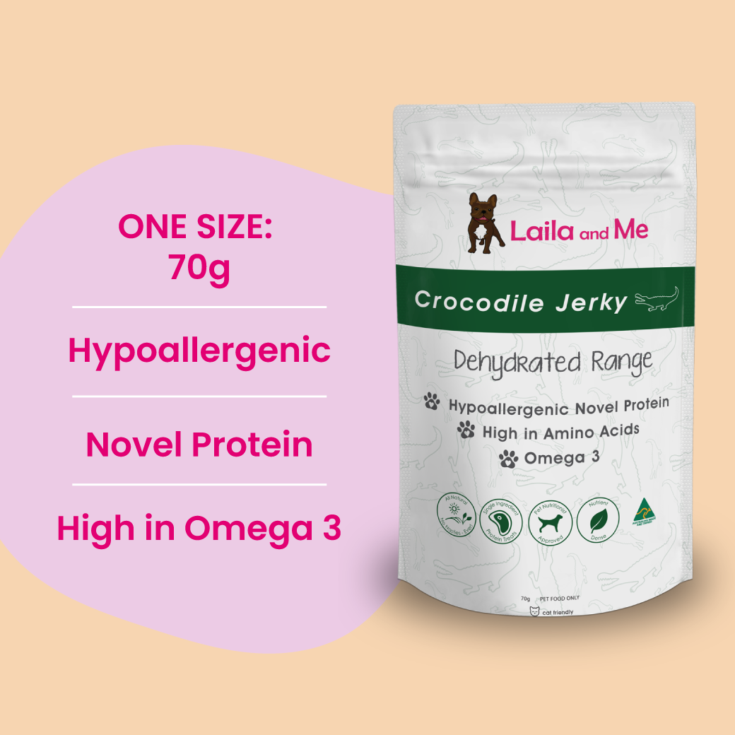 Natural Australian Crocodile Jerky by Laila and Me. Hypoallergenic Dog Treats