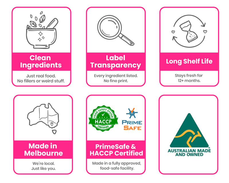 Our promise — Clean Ingredients, Label Transparency, Long Shelf Life, Made in Melbourne, PrimeSafe & HACCP Certified, Australian Made