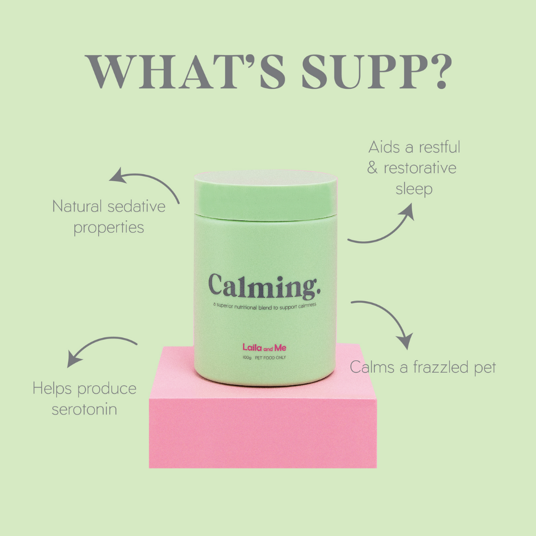 Calming Dog Supplement, Natural anxiety remedy for dogs. Affordable herbal option to help soothe dogs anxiety by Laila and me